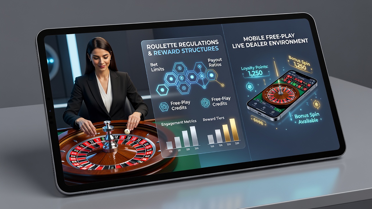 Mobile Free-Play-Live-Roulette-Oberfläche mit integrierten Belohnungs- und Regulierungsindikatoren