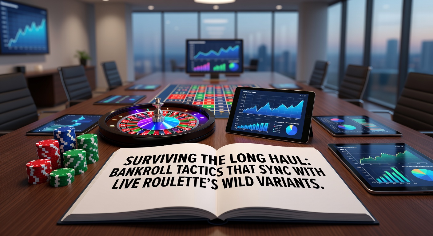 Grafik zeigt ein Roulette-Rad mit steigenden und fallenden Bankroll-Kurven, symbolisiert langfristige Strategien in Live-Varianten